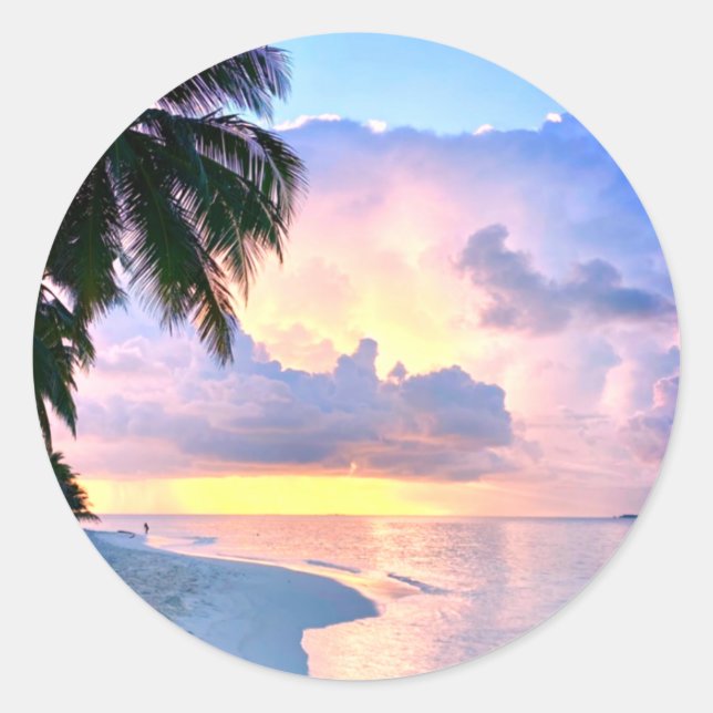 Sticker Rond Plage Coucher de soleil océan sable palmier Maldiv (Devant)