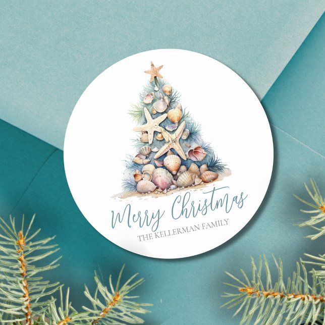 Sticker Rond Plage d'arbres de Noël (Christmas Tree Beach Classic Round Sticker)