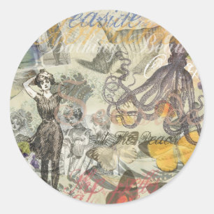 Sticker Rond Plage de la Pieuvre Antique Steampunk Côté