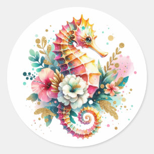 Sticker Rond Plage de l'hippocampe côtier rose, bleu et or