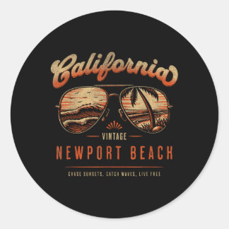 Sticker Rond Plage de Newport Beach Californie Vintage Coucher