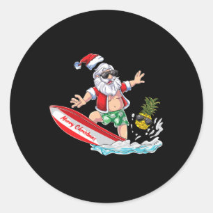 Sticker Rond Plage de Noël du Père Noël surfant Vacances Plams 