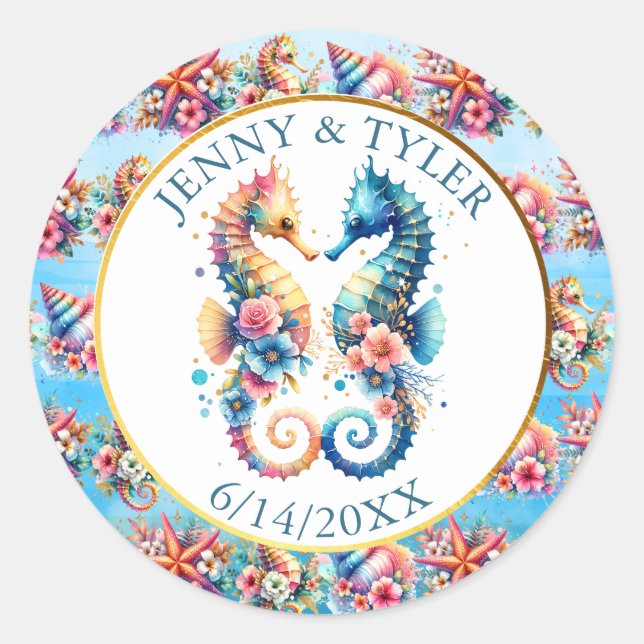 Sticker Rond Plage de sable blanc rose, bleu et or (Devant)