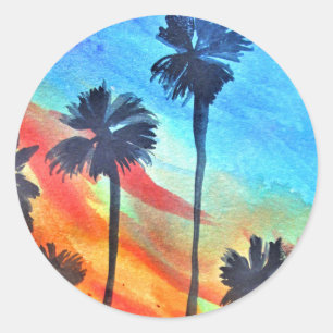 Sticker Rond Plage de Sunset Palm trees Art surf