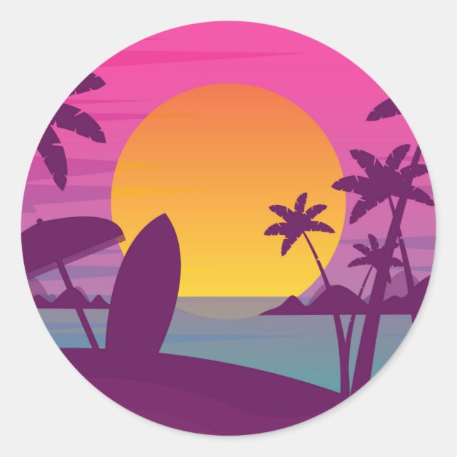 Sticker Rond Plage de surf de coucher de soleil violet (Devant)