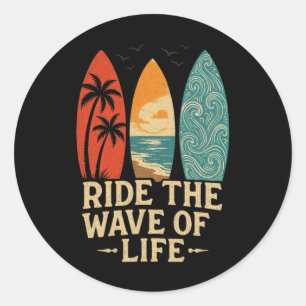 Sticker Rond Plage de surf de palmier tropical Hawaï Planche de