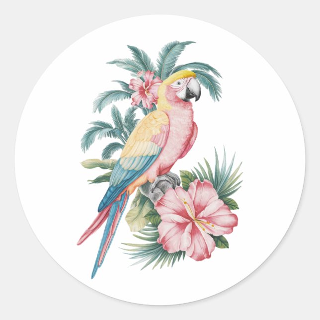 Sticker Rond Plage d'été tendance perroquet et fleurs d'Hibiscu (Devant)