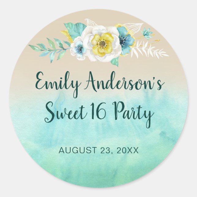 Sticker Rond Plage florale tropicale Sweet 16 Anniversaire (Devant)