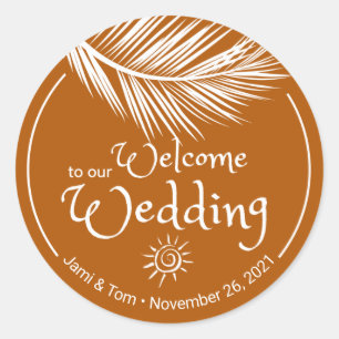 Sticker Rond Plage Palm Feuille Brûlé Orange Mariage Bienvenue
