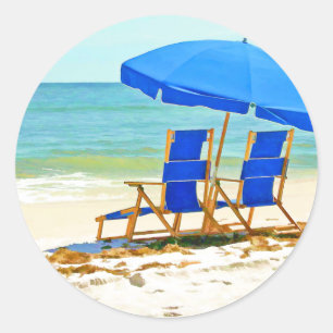 Sticker Rond Plage, parasol et chaises à la plage