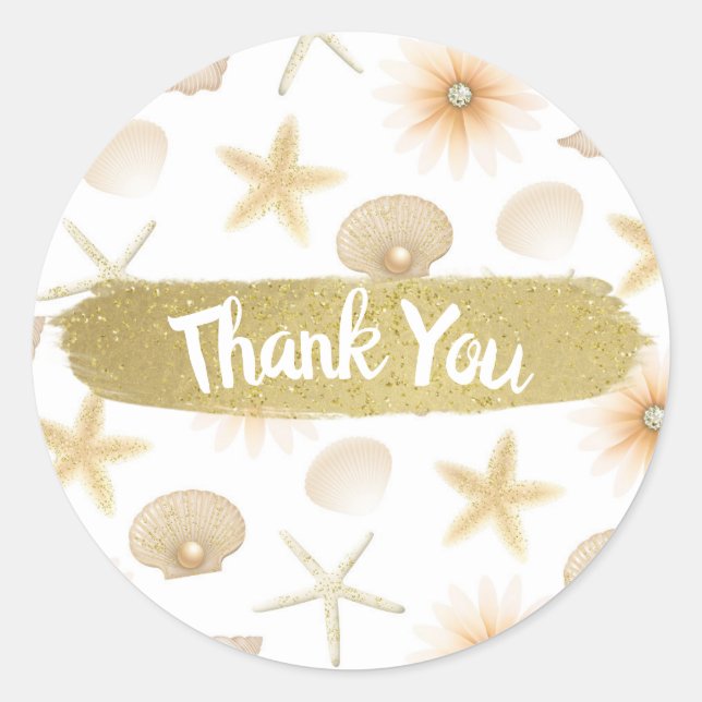 Sticker Rond Plage Poche Coquillages & Fleurs Mariage moderne (Devant)