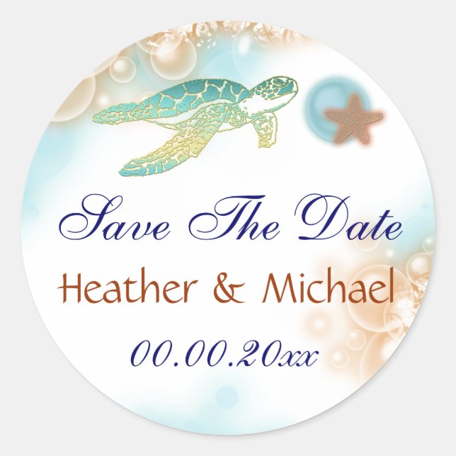 Sticker Rond Plage sauver la date tortue étoile (Devant)