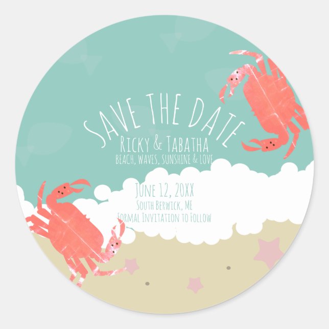 Sticker Rond Plage Sauvez la date Crabe Sable Ocean Waves (Devant)