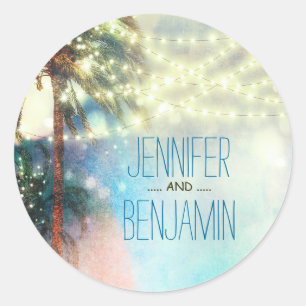 Sticker Rond Plage Sunset Palm Lights Aquarelle Mariage