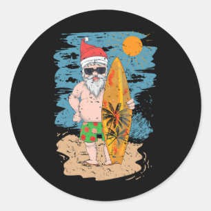 Sticker Rond Plage Surfant Santa Drôle Été Hawaii Noël 