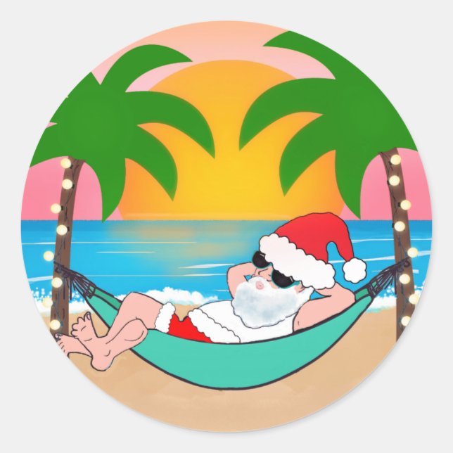Sticker Rond Plage tropicale arbre de palmier Santa Noël (Devant)