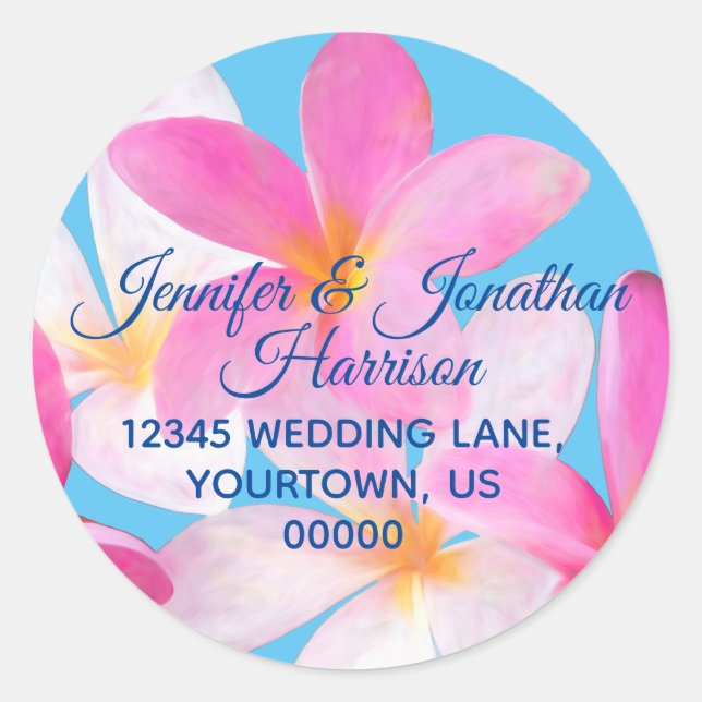 Sticker Rond Plage Tropicale Fleurs Roses Mer Bleue Adresse de  (Devant)