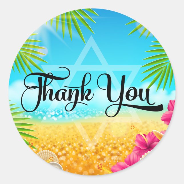 Sticker Rond Plage tropicale rose Hibiscus Bat mitzvah Merci (Devant)