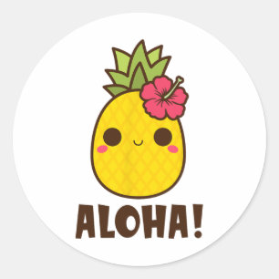 Sticker Rond Plages d'Aloha Kawaii Cute Pineapple Hawaii Hawaii