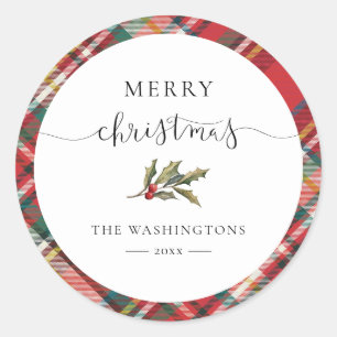 Sticker Rond Plaid Red Check Elegant Joyeux Noël Ferme