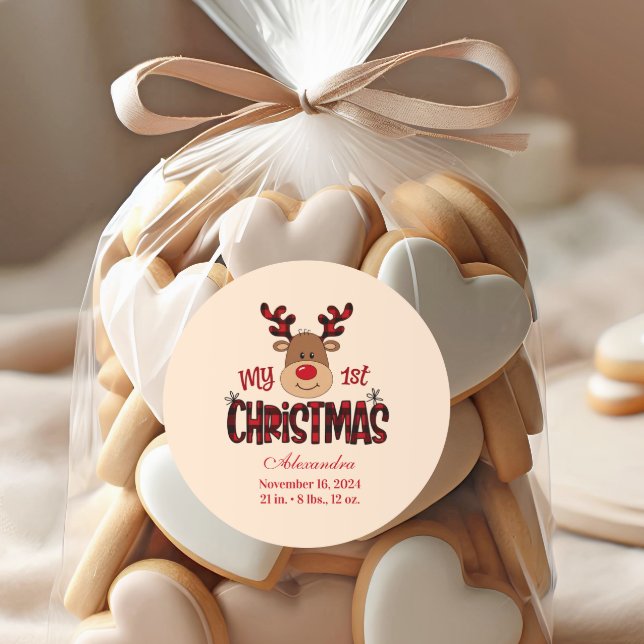 Sticker Rond Plaid Reindeer Baby First Christmas (Créateur téléchargé)