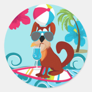 Sticker Rond Planche de surf de chien cool Plage d'été Fun