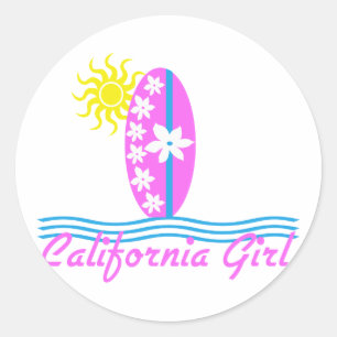 Sticker Rond Planche de surf W/Sun de rose de fille de la