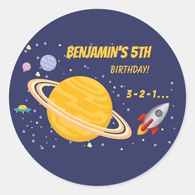 Sticker Rond Planètes d'anniversaire et Rockship dans l'espace  (Devant)