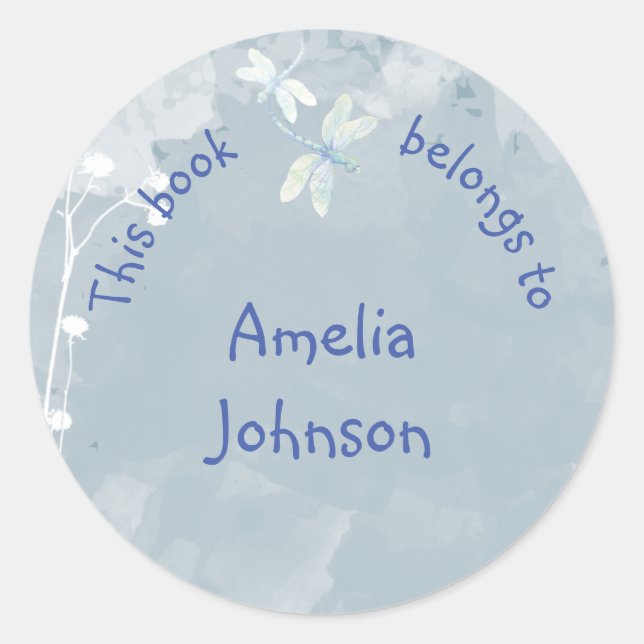 Sticker Rond Plaque de livre de libellules Bleu Blanc (Devant)
