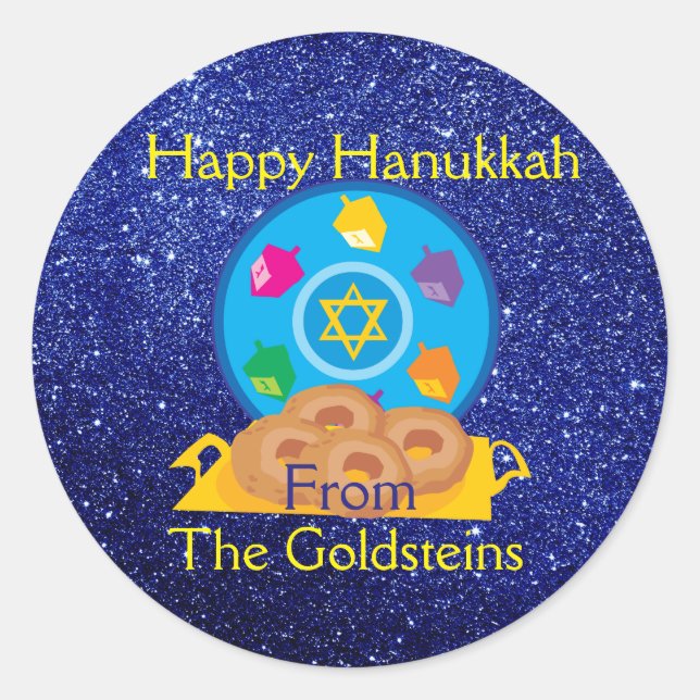 Sticker Rond Plaque Hanoukka avec Parties scintillant Dreidels  (Devant)
