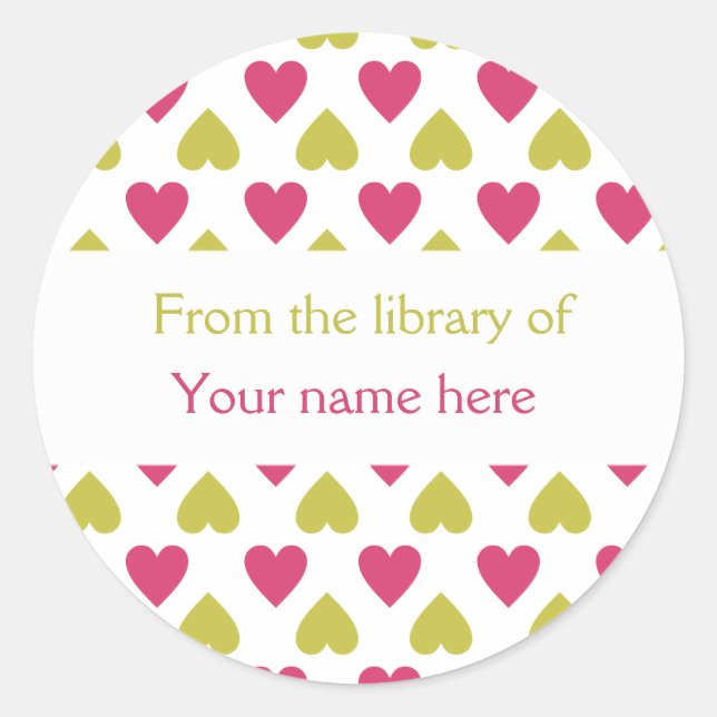Sticker Rond Plaques de livre personnalisées|Coeurs verts roses (Devant)