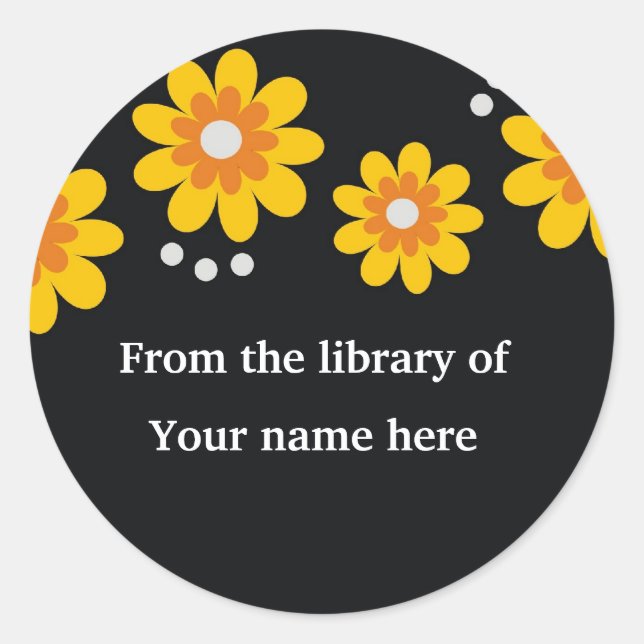 Sticker Rond Plaques personnalisées noires - Fleurs jaunes (Devant)