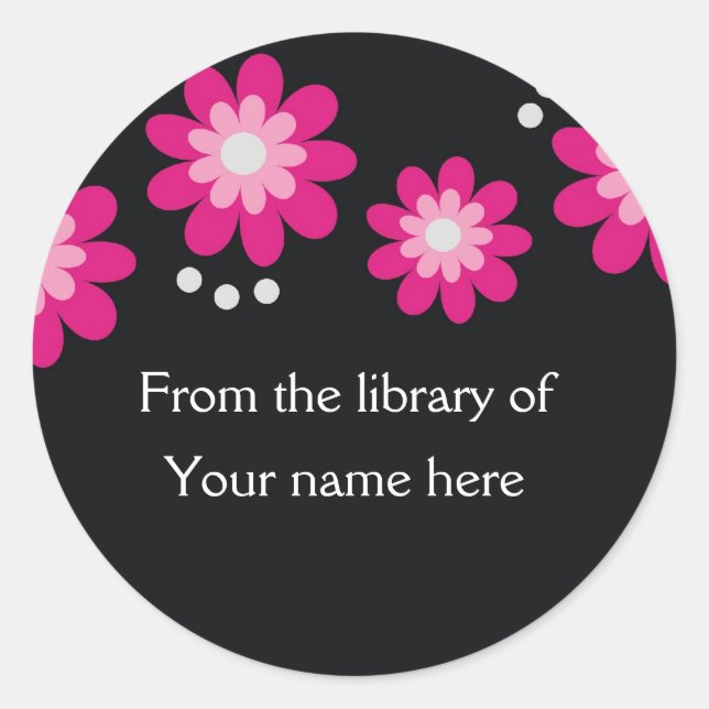 Sticker Rond Plaques personnalisées noires - Fleurs roses (Devant)