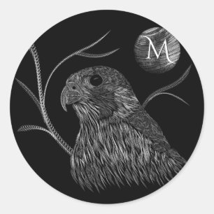 Sticker Rond Pleine lune de faucon Monogramme noir