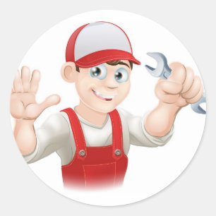 Sticker Rond Plombier ou mécanicien heureux avec la clé