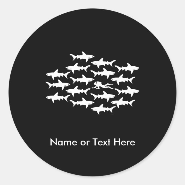 Sticker Rond Plongée plongée nage avec une école de requins (Devant)