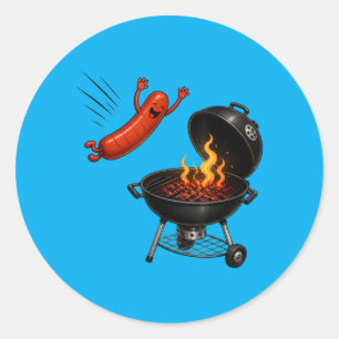 Sticker Rond Plongeon de hot-dog drôle de hot-dog volant barbec