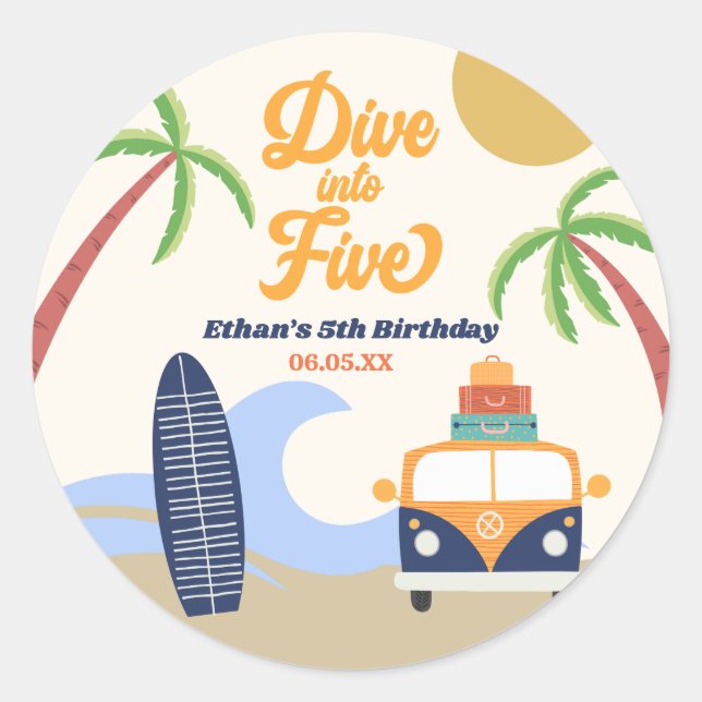 Sticker Rond Plongez dans cinq Surfs Board 5e anniversaire fête (Devant)