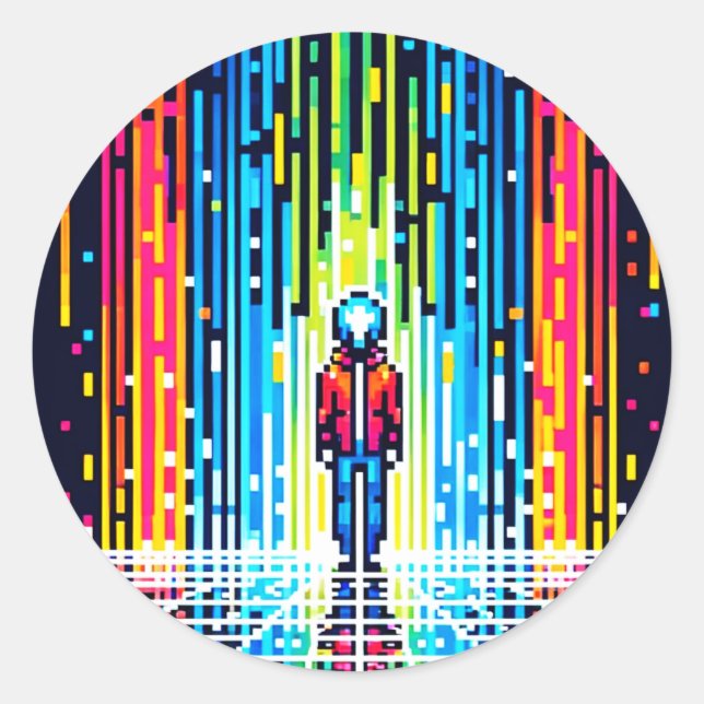 Sticker Rond Pluie numérique Cyberpunk Pixel Art Futuriste (Devant)