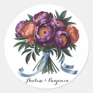 Sticker Rond Plum et orange Aquarelle Peony Bouquet Mariage
