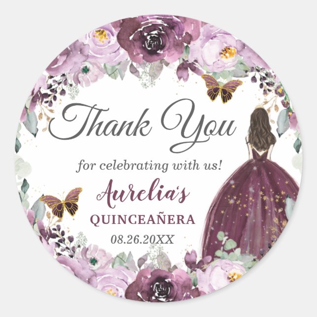 Sticker Rond Plum Mauve Floral Papillons Princesse Favoriser (Devant)