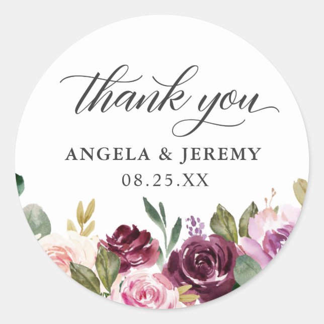 Sticker Rond Plum Purple Blush Floral Chic Merci Mariage (Devant)