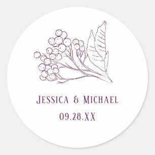 Sticker Rond Plum Purple Feuilles Delicate Outline Mariage élég