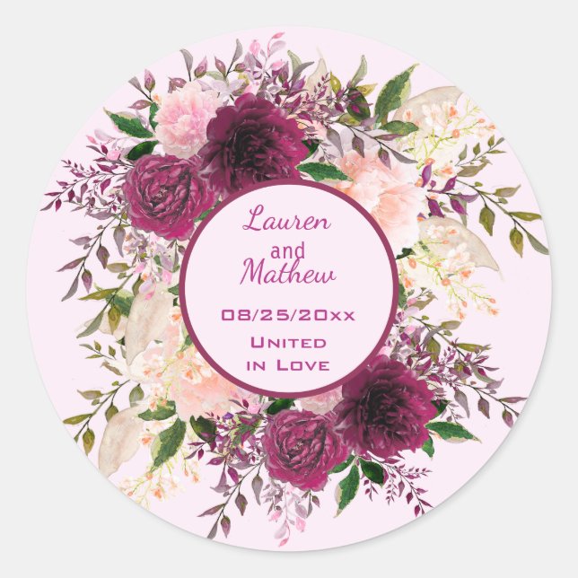 Sticker Rond Plum romantique Bourgogne et floral rose pâle (Devant)