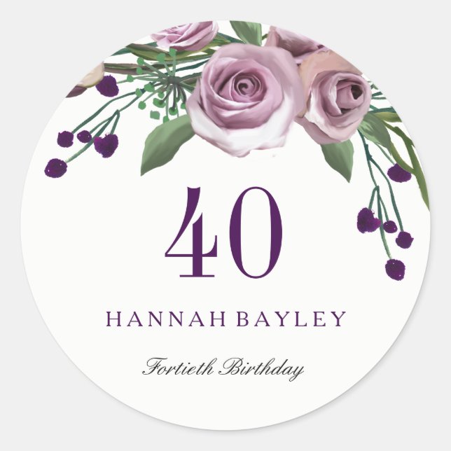 Sticker Rond Plum romantique Purple Rose Floral 40e anniversair (Devant)