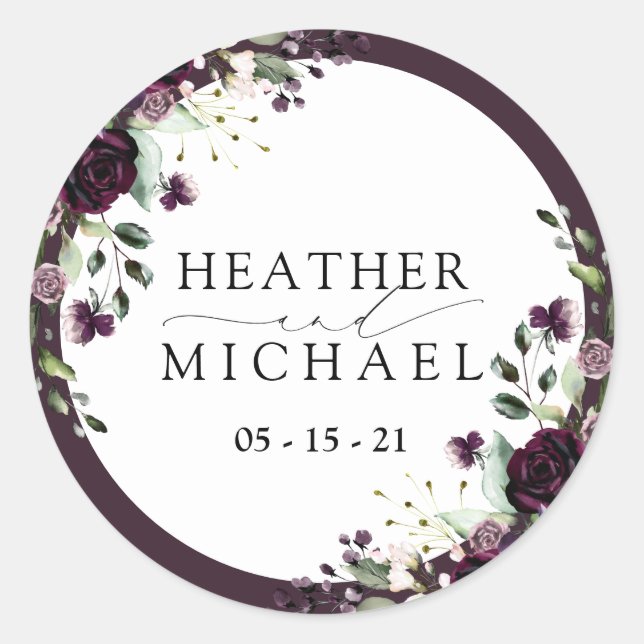 Sticker Rond Plum violet mauve Floral Aquarelle Script Mariage (Devant)