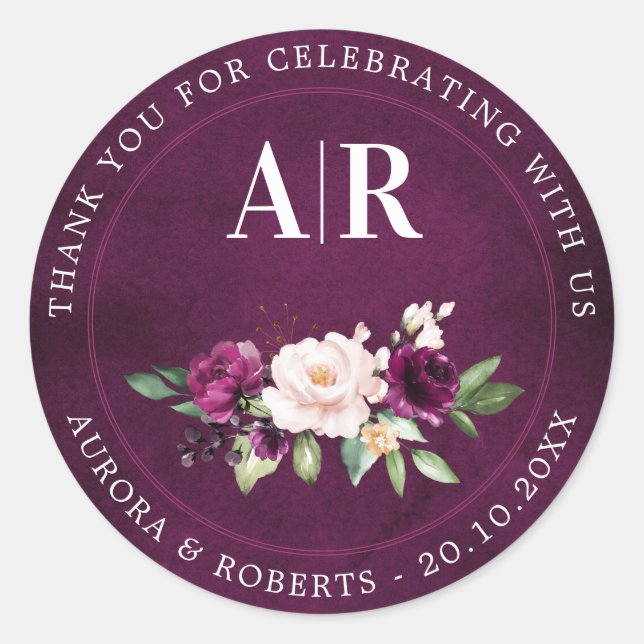 Sticker Rond Plum violet rose rose rose rose Roses Mariage Merc (Devant)