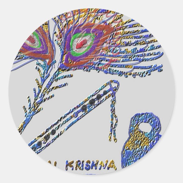 Sticker Rond Plume de paon et Flûte - Hare Krishna (Devant)