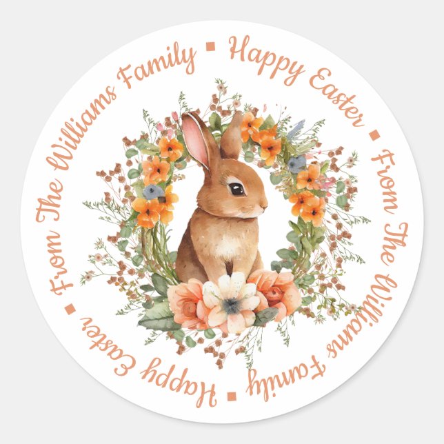Sticker Rond plume de pâques heureux floral lapin orange script (Devant)