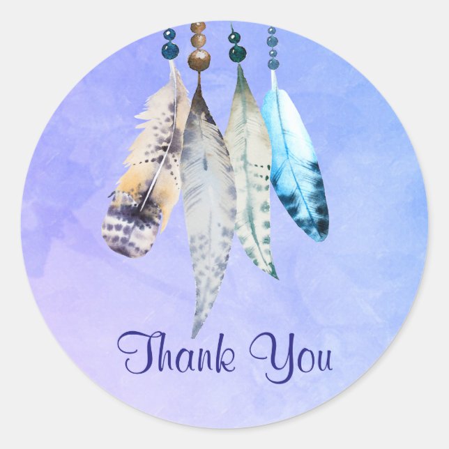 Sticker Rond Plumes d'aquarelle Merci sur bleu violet (Devant)